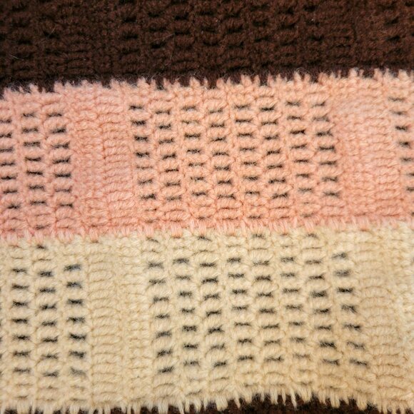 Vintage Crochet Afghan Blanket With Pink, Cream & Brown Stripes Handmade Throw - Picture 3 of 7